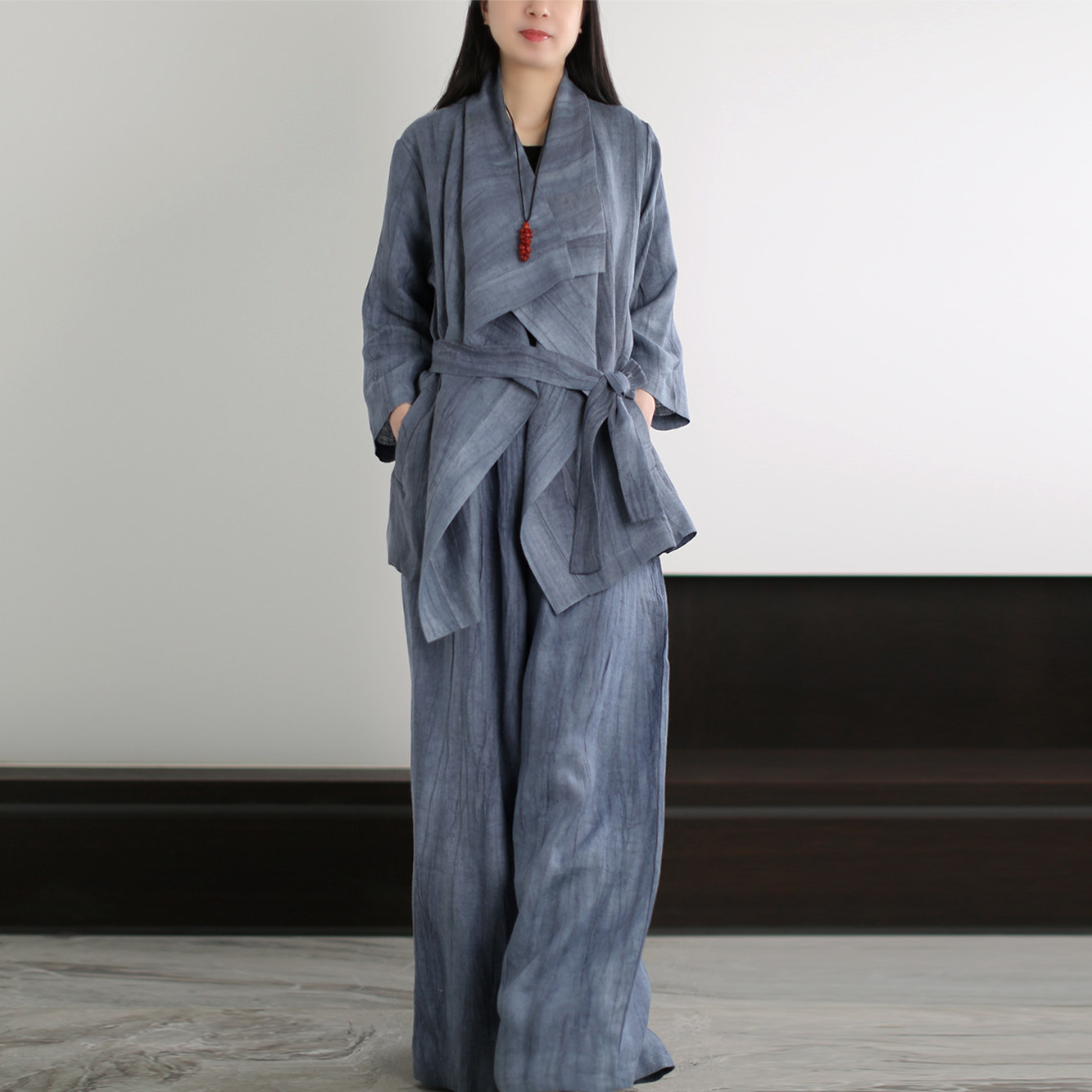 兮风原创设计师风格扎染亚麻套装女禅意不规则大翻领开衫阔腿裤春
