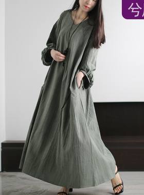 兮风春夏慵懒怀旧褶皱亚麻连衣裙复古禅意长袍子大码超仙佛系长裙