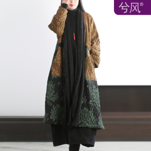 兮风重工拼色不规则茧型长外套女复古文艺加厚雪尼尔高端棉大衣冬