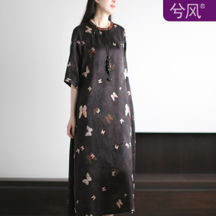 兮风原创复古优雅仿香云纱连衣裙夏文艺典雅知性高级感国风长袍子