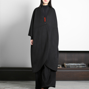 兮风宽松蝙蝠袖 不规则茧型长风衣女复古禅意夹棉厚多穿法外套秋冬