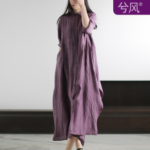 兮风复古禅意褶皱亚麻连衣裙原创不对称怀旧超仙纯麻开衫 长裙春 式
