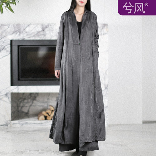 兮风V领过膝复古怀旧长风衣显瘦