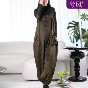 子宽松藏肉帅气小脚连体衣2025秋冬款 兮风高端经典 格纹背带连体裤