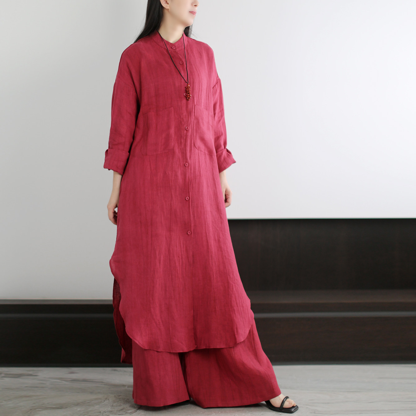 兮风原创品牌禅意休闲加长款茶服套装女26春夏褶皱亚麻宽松两件套