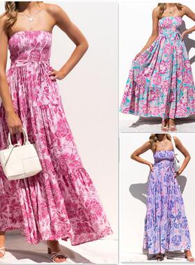 Summer Printed Wrap Long Dresses夏季印花裹胸款长连衣裙