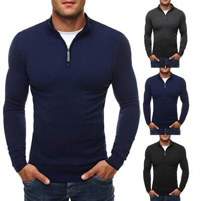 Casual Sweater Men Solid Color Stand Collar Long Sleeve Men