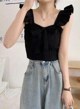 Knot Wooden Ear Trim Knit Top Summer Slim Solid Colour Short