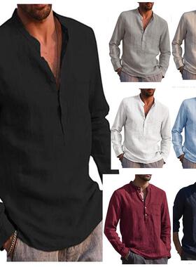Men's Long Sleeve V-neck Casual Beach Linen Shirt