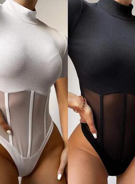 Slim Fit Mesh Cutout Sheer Bodysuit 修身网纱镂空透视连体衣