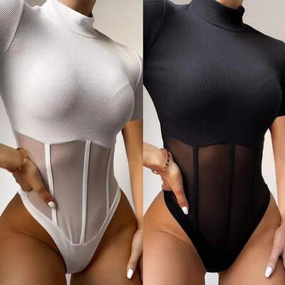 Slim Fit Mesh Cutout Sheer Bodysuit 修身网纱镂空透视连体衣