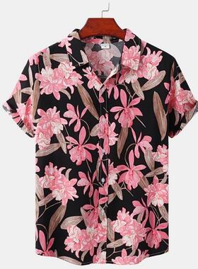 Men Flower Print Shirts Male Casual Summer Beach Shirt 3XL
