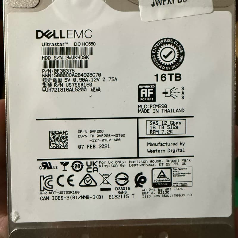 戴尔/DELL 16T SAS 7.2K 企业级硬盘,型号U--议价商品