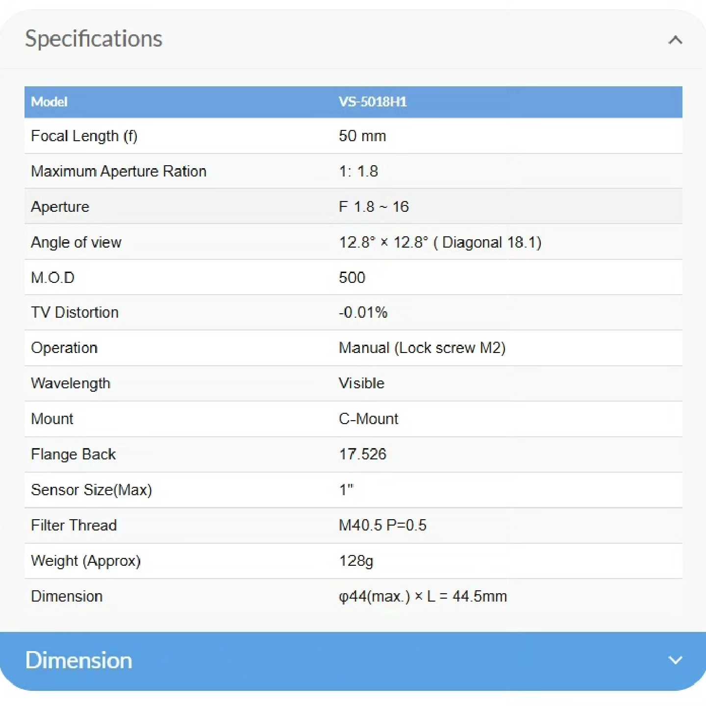 议价--VS-5018H1 VST镜头