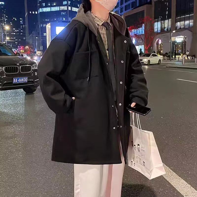 男款毛呢外套2025新款秋冬风衣潮流中长款连帽假两件夹棉呢子大衣