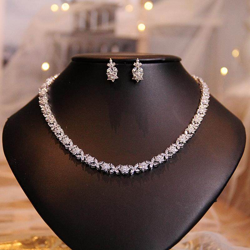 高级感新娘项链耳环套装锆石晚宴聚会镀金主婚纱礼服轻奢锁骨颈链