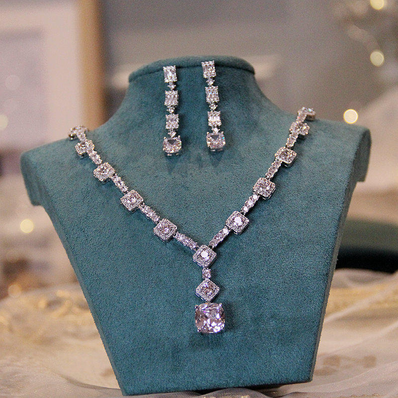 高级感镀金锆石宝石新娘项链耳环套链主婚纱晚宴礼服结婚年会配饰