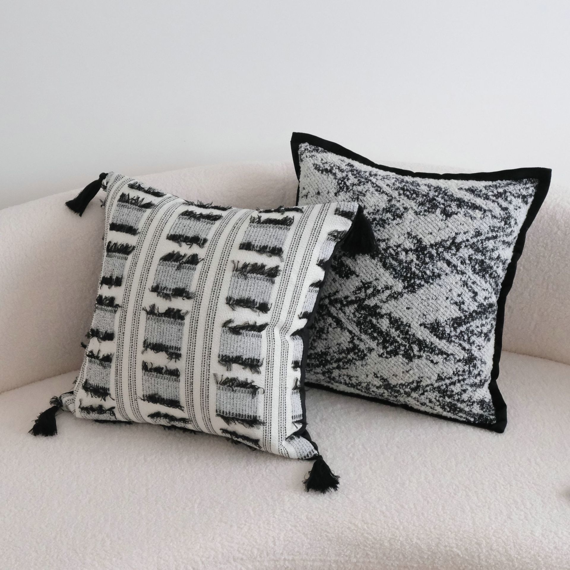 黑白色系轻奢ins风抱枕流苏卷边抱枕套沙发靠酒店样板间靠枕套