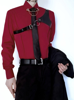 cosplay乙游成男万用酒红色衬衫纯棉商务通勤抗皱免烫深红色衬衣
