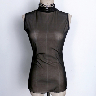 cosplay成男乙游网纱透视半透明背心打底衫弹力中领半领性感内搭