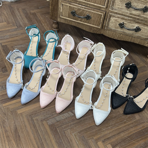 娃鞋3分链条尖头高跟鞋