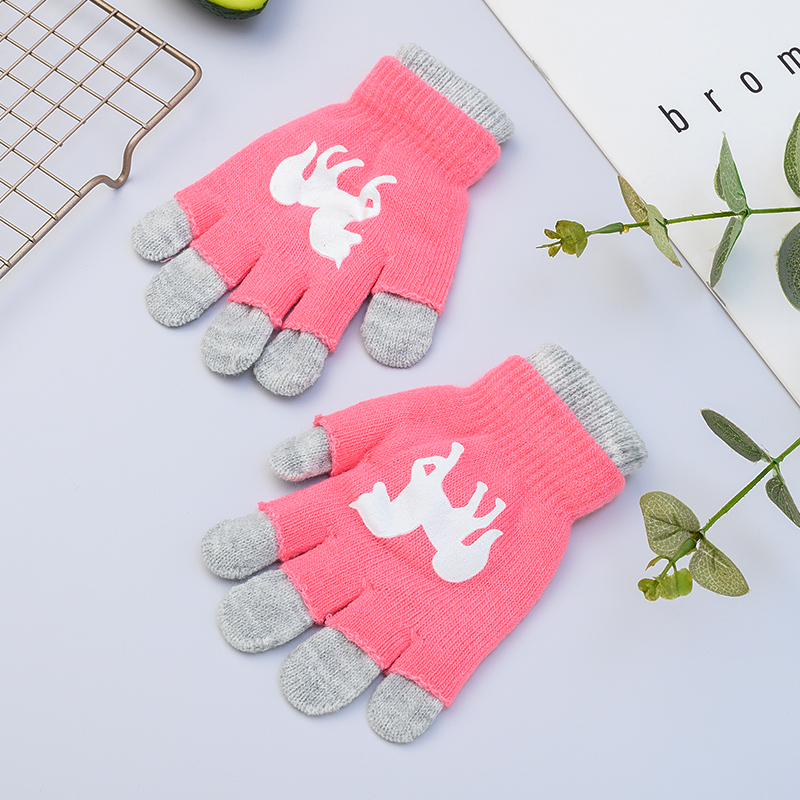 2件套出口中大童秋冬公主粉色分指手套半指五指保暖针织棉线女孩