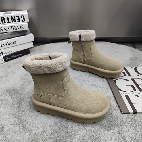 真皮加绒保暖勃肯靴女2025冬新款圆头翻毛皮厚底隔凉拉链马丁靴潮