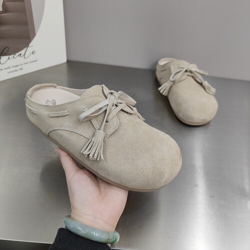 韩版真皮流苏勃肯包头拖鞋女2026春季新款圆头平底系带舒适休闲拖