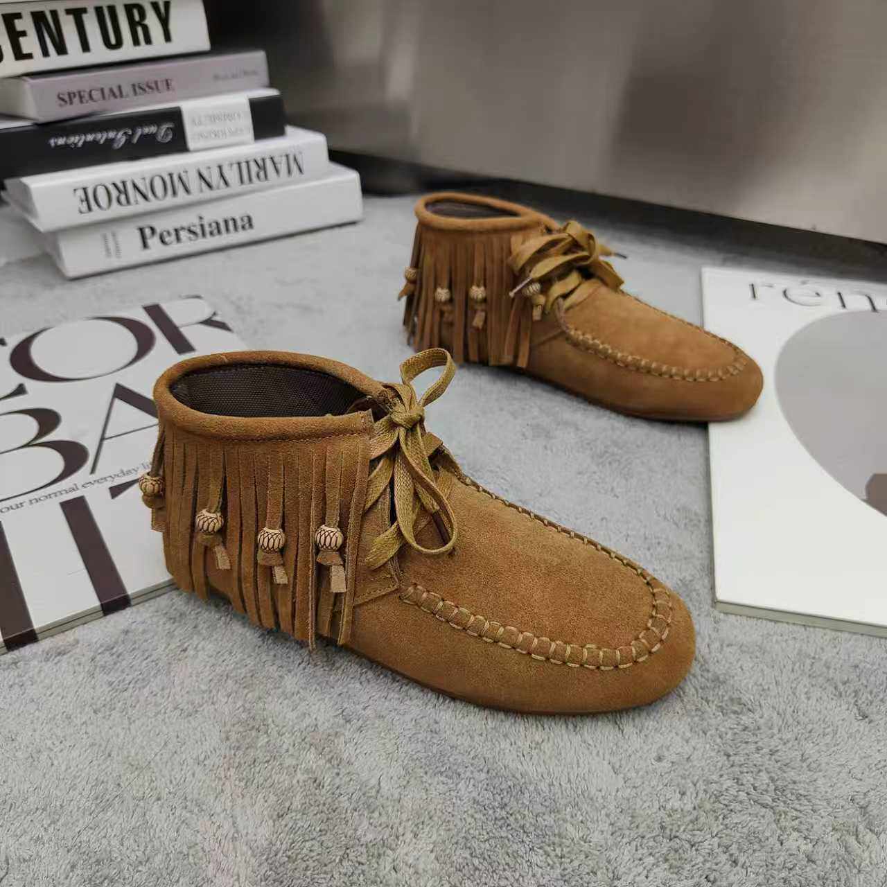 2025新款外贸秋冬真皮平底短靴磨砂牛皮复古流苏圆头马丁靴游牧风,女鞋,马丁靴,淘宝优惠券,粉丝福利购,淘宝优惠卷