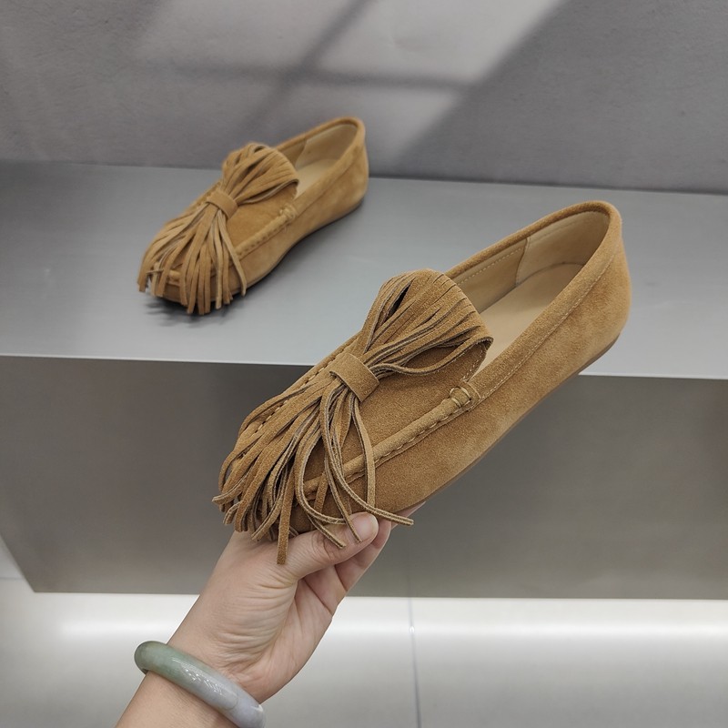 磨砂牛皮流苏乐福鞋一脚蹬平底低帮单鞋春季新款圆头软底豆豆鞋