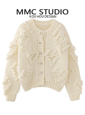 MMC 欧货重工宽松慵懒风粗针手工钩花棒针爱心加厚针织开衫毛衣女