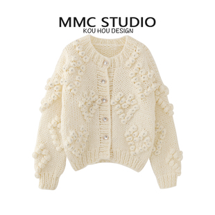 MMC 毛衣女 欧货重工宽松慵懒风粗针手工钩花棒针爱心加厚针织开衫