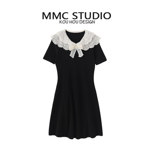 小香风A字裙针织冰丝蝴蝶结镂空