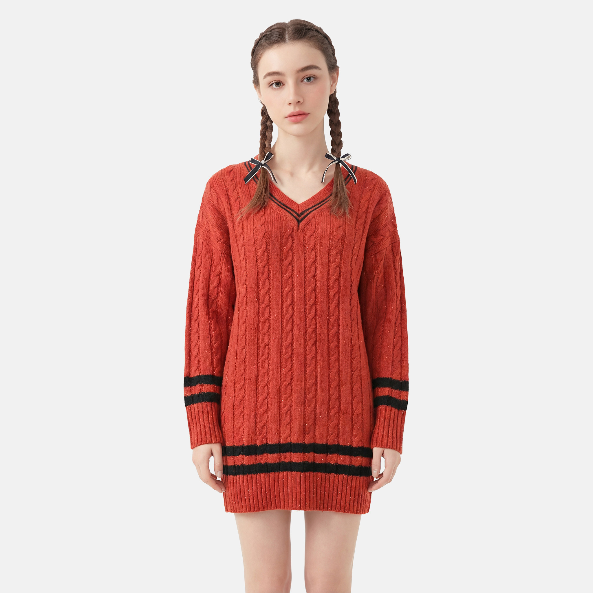 MMC法式复古英伦风学院风撞色条纹麻花针织衫毛衣裙中长款优雅女