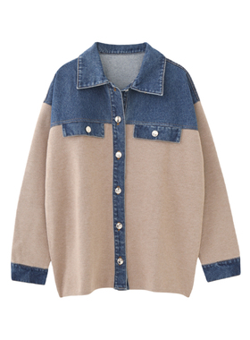 MMCS家欧货法式牛仔接拼针织外套2025秋冬新款宽松毛衣开衫上衣女