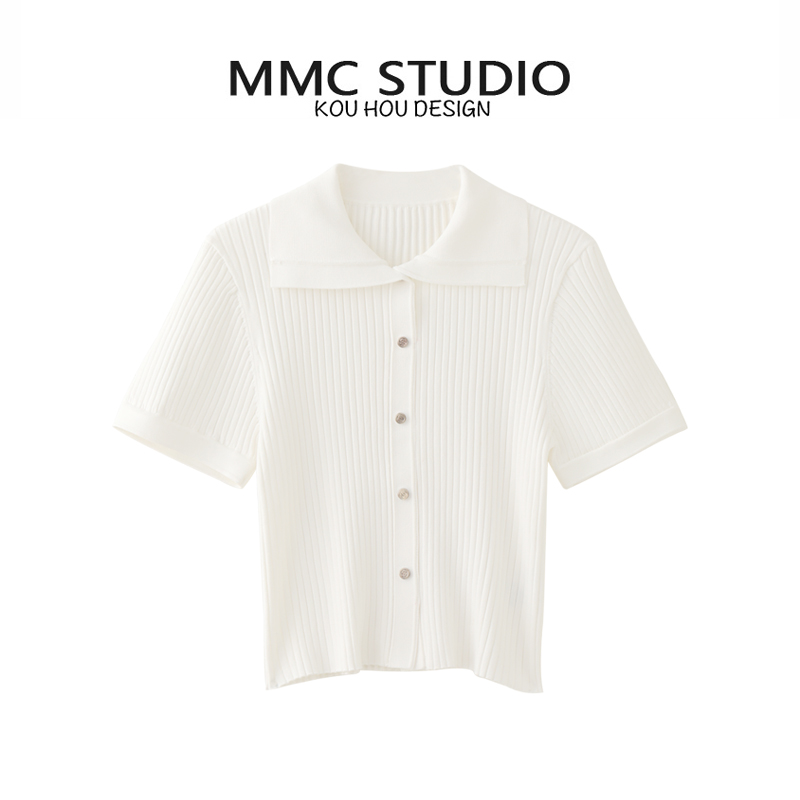 MMC S家24早春法式修身翻领套头针织打底衫短袖T恤短款上衣小众女
