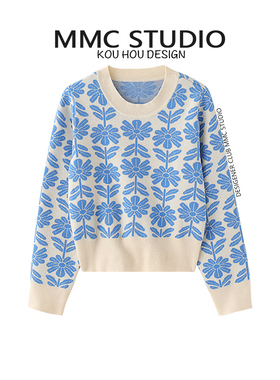 MMC 秋冬新款蓝色小花套头针织衫女短款宽松百搭圆领毛衣减龄