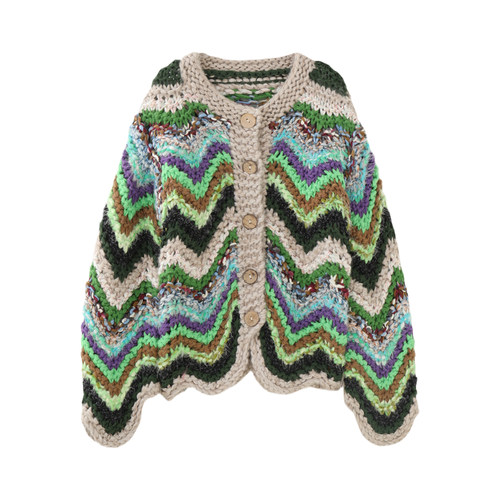 MMC重工复古拼色波浪纹手工粗棒针圆领针织开衫外套毛衣上衣加厚