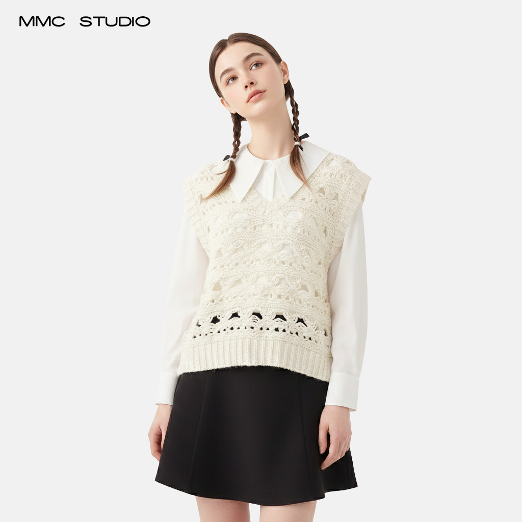 MMCV领镂空针织衫马甲女宽松心怀风无袖毛衣背心叠穿外米白色上衣