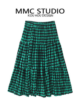 MMC 欧洲站碎花半身裙a字款绿色褶皱碎花高腰长裙裙子2025新款夏