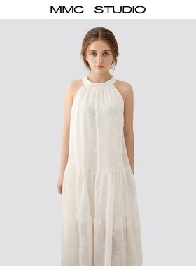 MMC 白色挂脖吊长裙子无袖系带连衣裙中长裙法式海边度假风2025女
