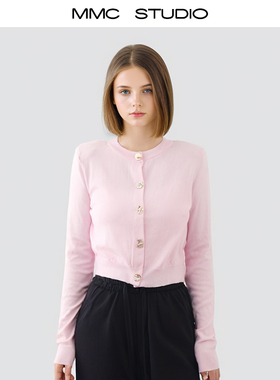 MMC 2025春夏粉红色精致甜美圆领长袖针织开衫外套上衣内搭外穿女