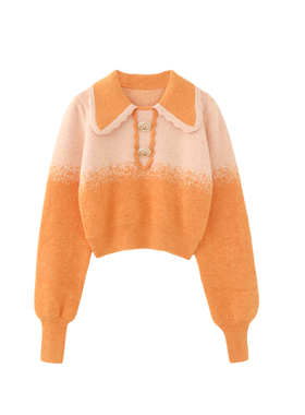 MMC欧货法式甜美可爱渐变翻领针织衫毛衣外套早春新款短款上衣女