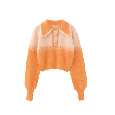 MMC欧货法式甜美可爱渐变翻领针织衫毛衣外套早春新款短款上衣女