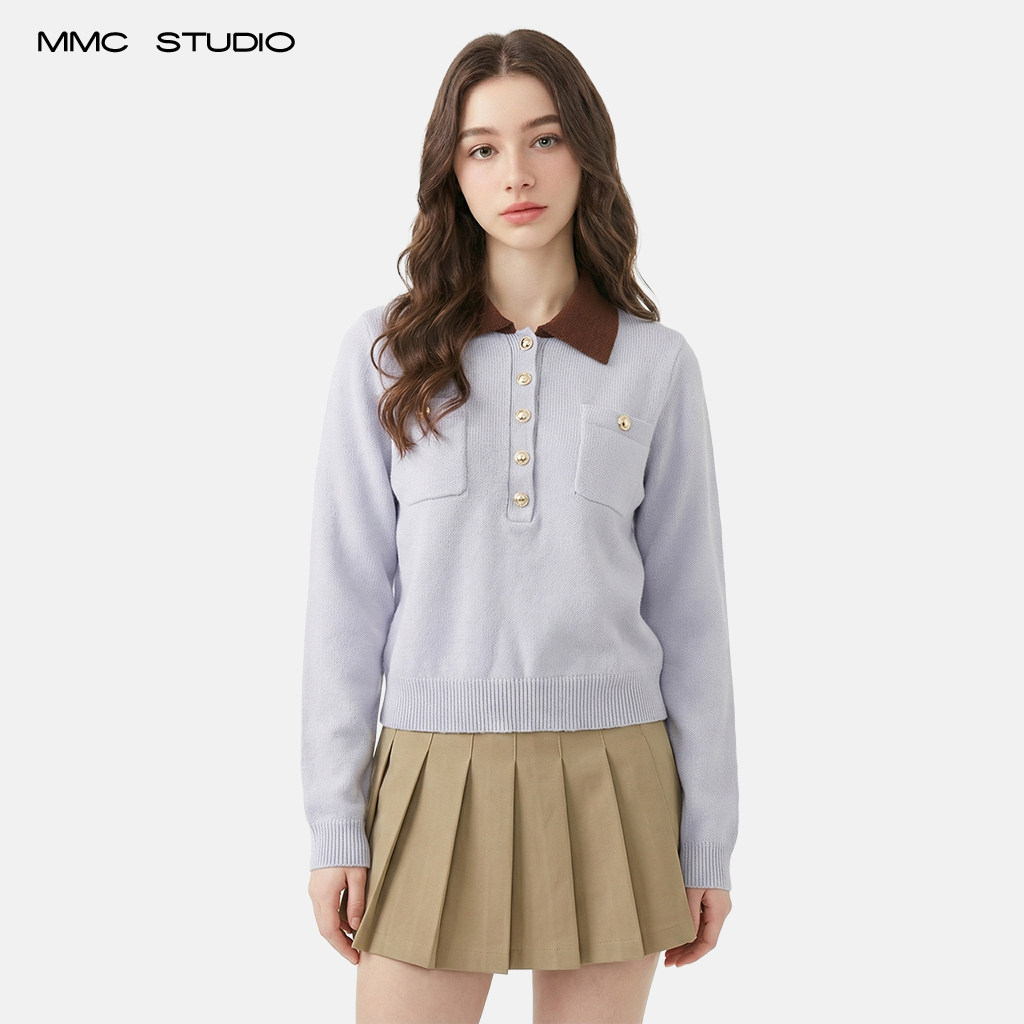 MMC欧货法式撞色POLO领口袋翻领长袖针织衫毛衣外套上衣小众设计