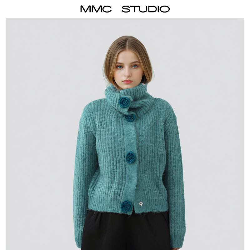 MMC温柔风法式复古立体花朵高领针织开衫外套毛衣上衣小众设计女