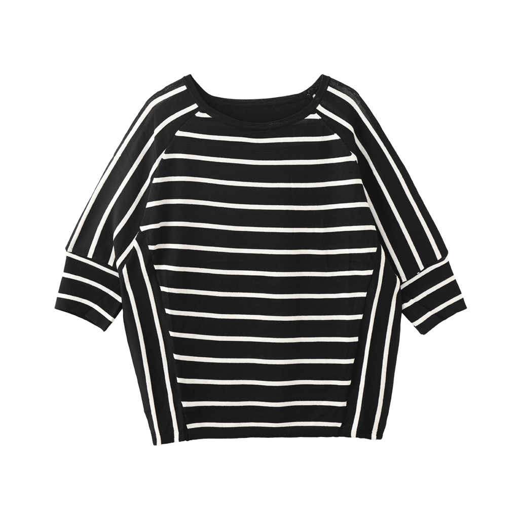 MMC经典黑白条纹撞色拼接圆领套头针织短袖针织衫T恤上衣气质通勤