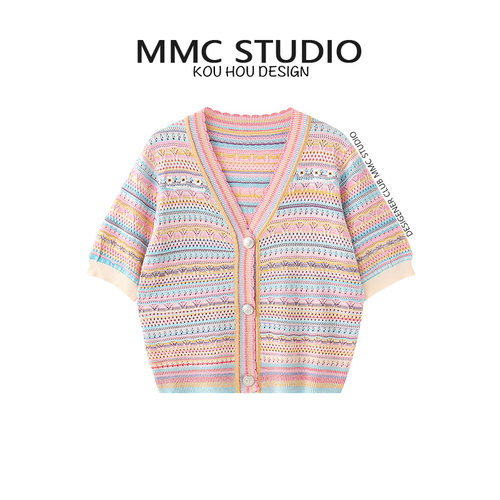 MMC 复古撞色镂空V领短袖开衫女薄款针织百搭小外套短款上衣
