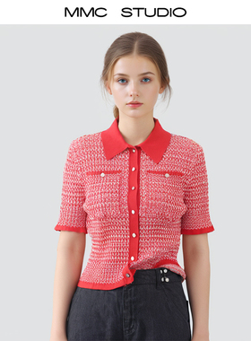 MMC 欧货法式洋气减龄POLO翻领红色修身针织短袖T恤上衣短款2025