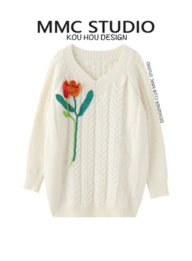 MMC 重工钩花中长款V领套头衫女白鹿同款慵懒风麻花外穿毛衣加厚